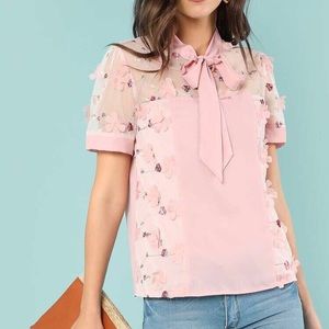 Shein Appliqué Mesh Insert Tied Neck Blouse